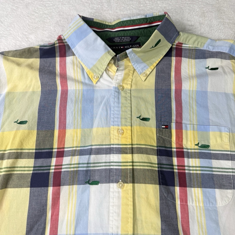 Tommy Hilfiger Shirt Mens XL Multi Color Plaid Whale Embroidered Y2K Vintage